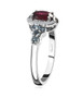 side view of rubellite tourmaline aquamarine and brown zircon ring in rhodium over sterling silver