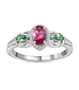 pink tourmaline tsavorite garnet and zircon ring in rhodium over sterling silver