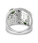 back view of tsavorite and moissanite flower cluster wide band ring in black and white rhodium over sterling silver