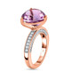 side view of rose de france amethyst and moissanite heart ring in 18k rose gold over sterling silver