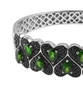 close up of black spinel and chrome diopside heart bangle bracelet in black and white rhodium over sterling silver