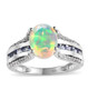 ethiopian opal tanzanite and zircon bridge ring in rhodium over sterling silver