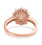 back view of morganite and moissanite halo wedding ring in 18k rose gold over sterling silver