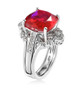 side view of red and purple quartz triplet and zircon two ring set in rhodium over sterling silver