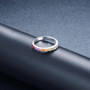 multi gemstone stackable band ring in rhodium over sterling silver shown in a lifestyle photo