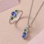 tanzanite chrome diopside and zircon ring and necklace jewelry set in rhodium over sterling silver shown in a lifestyle photo