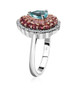 side view of blue apatite pink sapphire rubellite tourmaline and moissanite halo ring in 18k rose gold and rhodium over sterling silver