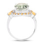 side view of prasiolite and citrine halo ring in rhodium over sterling silver