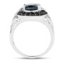 side view of london blue topaz black spinel and white topaz ring in black and white rhodium over sterling silver
