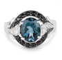 front view of london blue topaz black spinel and white topaz ring in black and white rhodium over sterling silver