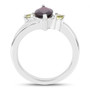 side view of marquise garnet and peridot three stone ring in rhodium over sterling silver