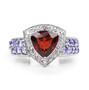 front view of garnet trillion white topaz and tanzanite ring in rhodium over sterling silver