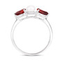 side view of garnet and freshwater pearl three stone ring in rhodium over sterling silver