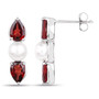 side view of garnet and freshwater pearl three stone earrings in rhodium over sterling silver