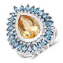 front view of citrine and london blue topaz halo ring in rhodium over sterling silver