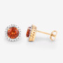 full view of round spessartine garnet and diamond halo stud earrings in 14k yellow gold