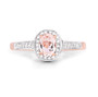 front view of morganite and white topaz halo wedding ring in white rhodium and 14k rose gold over sterling silver
