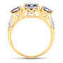 side view of mystic topaz trilogy and diamond ring in 14k yellow gold over sterling silver
