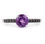 front view of round amethyst and black spinel ring in black and white rhodium over sterling silver
