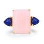 front view of pink opal and lapis three stone ring in 18k yellow gold over sterling silver