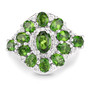 front view of chrome diopside and white zircon cluster ring in rhodium over sterling silver