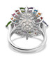 back view of oval rainbow moonstone and multi gemstone halo ring in rhodium over sterling silver