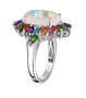 side view of oval rainbow moonstone and multi gemstone halo ring in rhodium over sterling silver