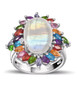 oval rainbow moonstone and multi gemstone halo ring in rhodium over sterling silver