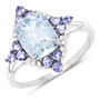front view of aquamarine tanzanite and diamond halo ring in 10k white gold