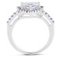 side view of aquamarine and tanzanite trillion halo ring in rhodium over sterling silver