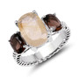 rutilated quartz and smoky quartz trilogy ring in rhodium over sterling silver
