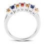 full view of yellow blue and red oval multi color sapphire band ring in rhodium over sterling silver