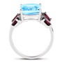 full view of sky blue topaz rhodolite garnet and white topaz ring in black and white rhodium over sterling silver