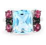 front view of sky blue topaz rhodolite garnet and white topaz ring in black and white rhodium over sterling silver