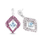 side view of rhodolite garnet and sky blue topaz articulating dangle earrings in rhodium over sterling silver