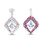 back view of rhodolite garnet and sky blue topaz articulating dangle earrings in rhodium over sterling silver