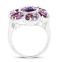 full view of amethyst and rhodolite garnet flower cluster ring in rhodium over sterling silver