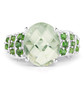front view of prasiolite and chrome diopside ring in rhodium over sterling silver