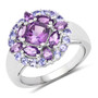 amethyst and tanzanite cluster ring in rhodium over sterling silver