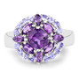 front view of amethyst and tanzanite cluster ring in rhodium over sterling silver