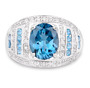 full view of london blue topaz and white topaz dome cluster ring in rhodium over sterling silver