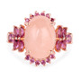 front view of oval morganite cabochon and rhodolite garnet ring in 14k rose gold over sterling silver