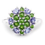 front view of tanzanite and chrome diopside round cluster ring in rhodium over sterling silver