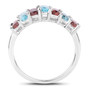 side view of red and blue zircon 7-stone band ring in rhodium over sterling silver