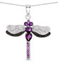 full view of tanzanite and white zircon dragonfly pendant necklace in black and white rhodium over sterling silver