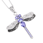 tanzanite and white zircon dragonfly pendant necklace in black and white rhodium over sterling silver shown in a lifestyle photo