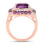 side view of amethyst and white zircon double halo ring in 14k rose gold over sterling silver