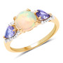 opal tanzanite and white topaz 3-stone ring in 14k yellow gold over sterling silver