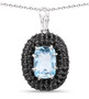 sky blue topaz and black spinel halo pendant necklace in black and white rhodium over sterling silver