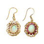 back view of ethiopian opal rhodolite garnet and white topaz dangle earrings in 14k yellow gold over sterling silver